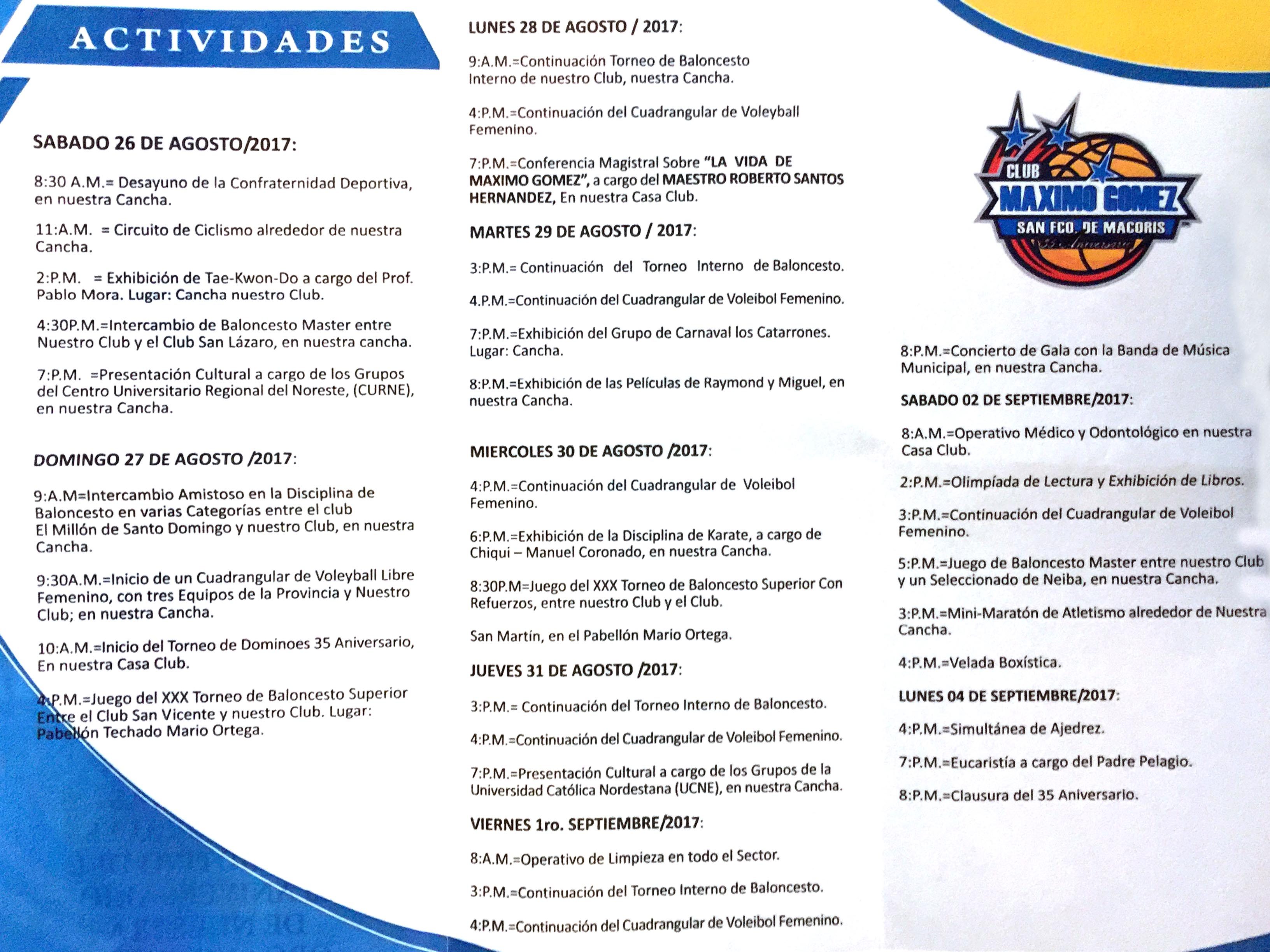 Programa de Actividades Club Saximo Gomez